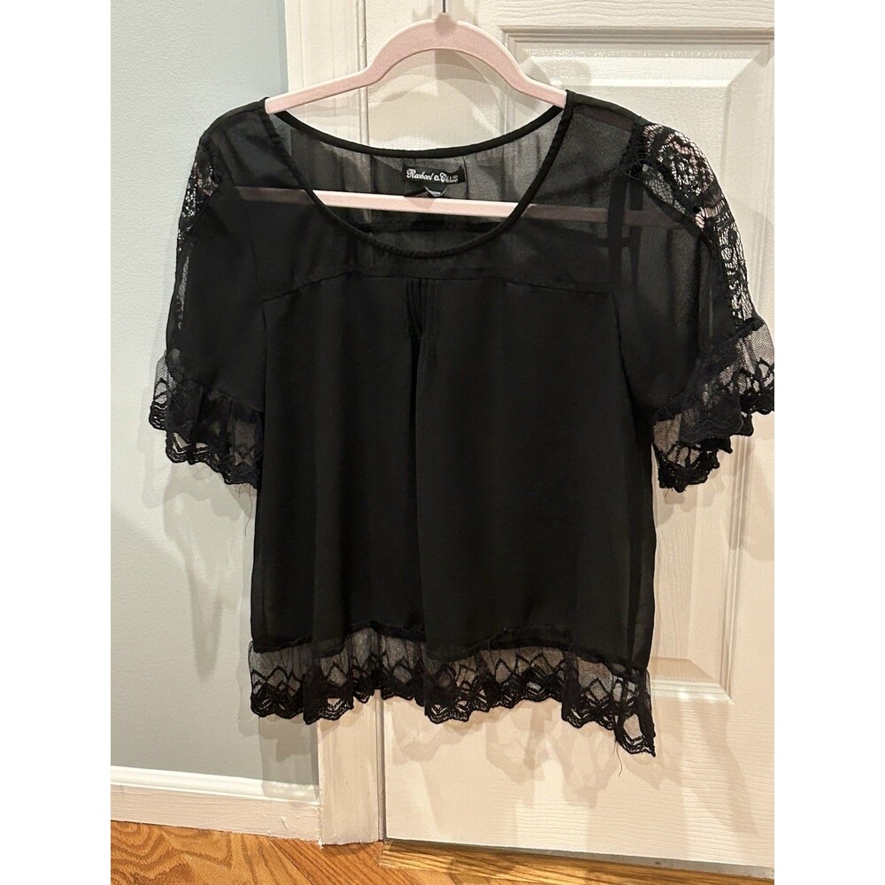 Rachel & Cloe Short Sleeve Sheer Black Blouse With Lace Details Size M